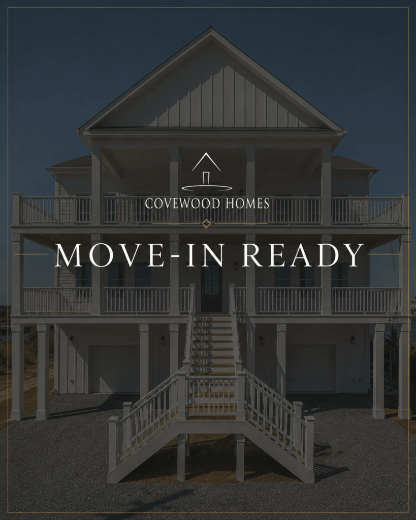 Move-in-ready Covewood Homes coastal residence with three levels, covered porches, and central staircase.