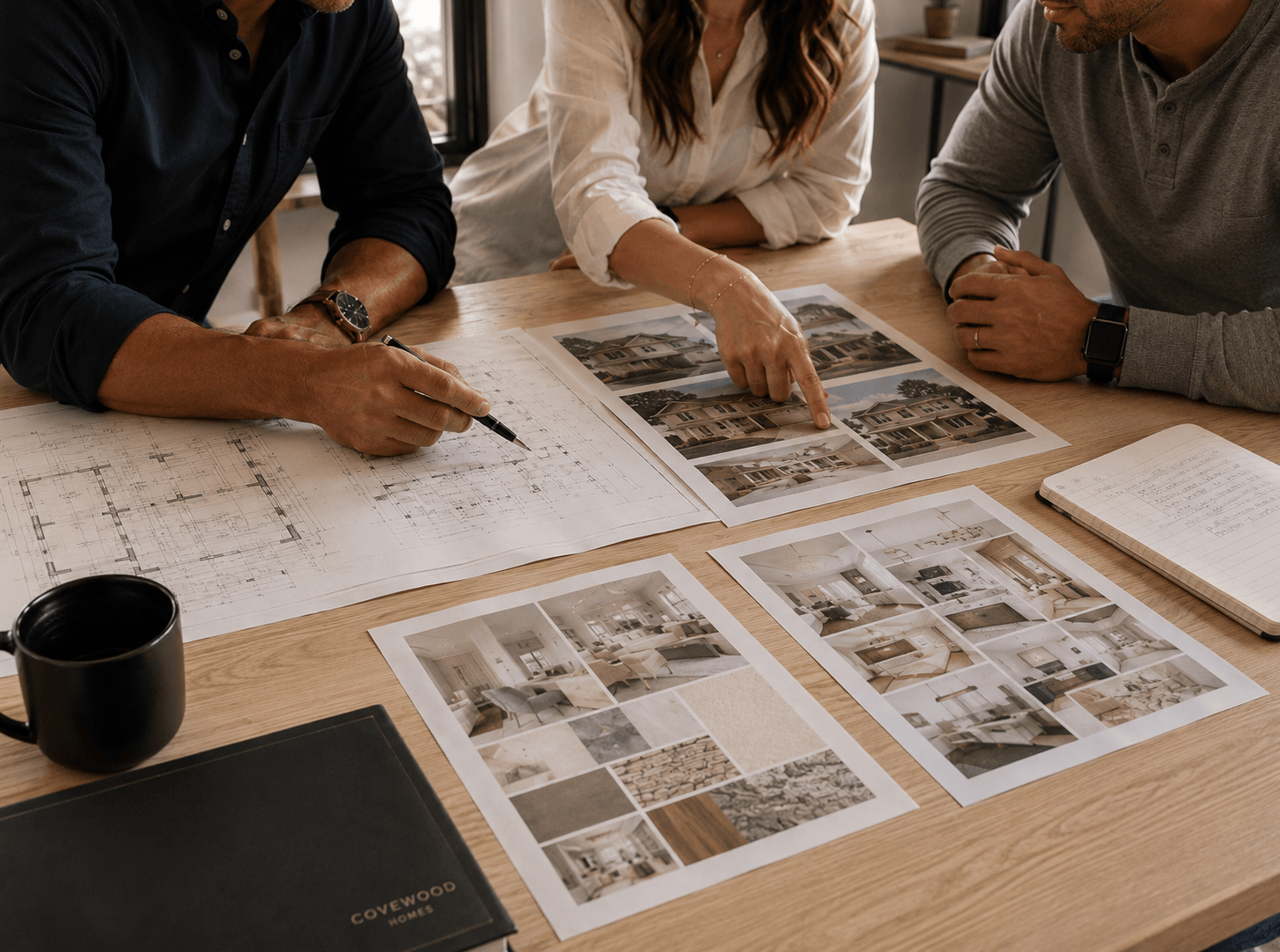 Covewood Homes discovery meeting reviewing house plans and exterior inspiration