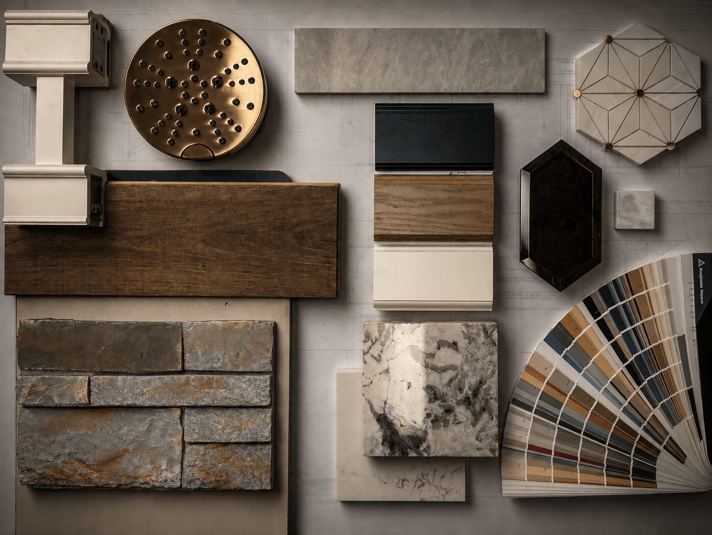 Interior finish selections including wood, stone, tile and paint samples.