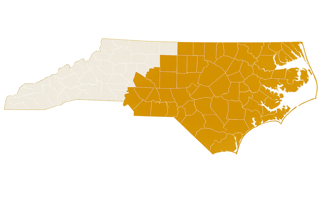 Map highlighting Covewood Homes service area across coastal, eastern, and central North Carolina.