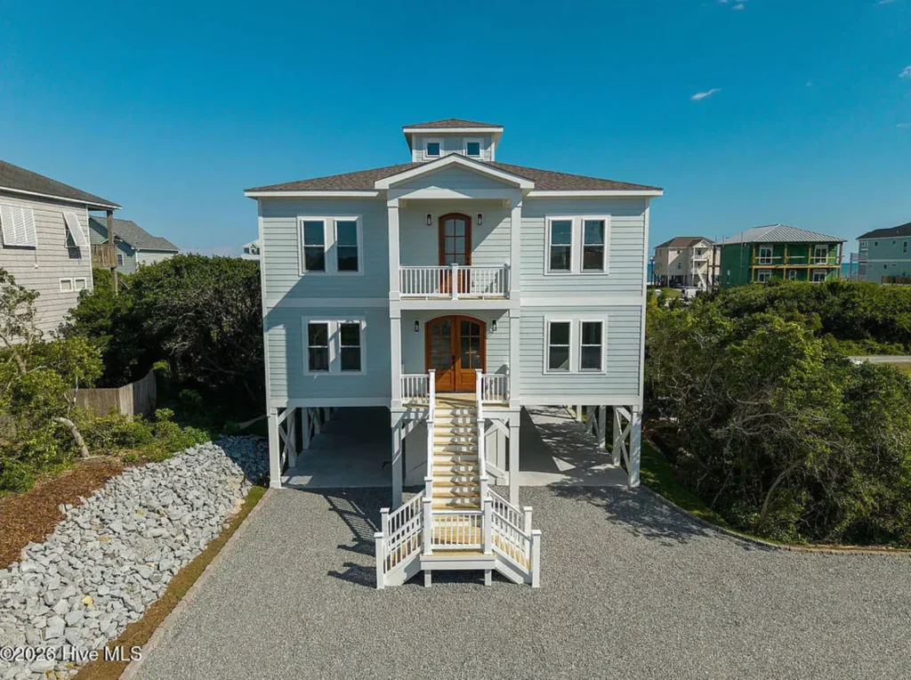 Front exterior of the coastal home at 1 Bottlenose Boulevard, North Topsail Beach.
