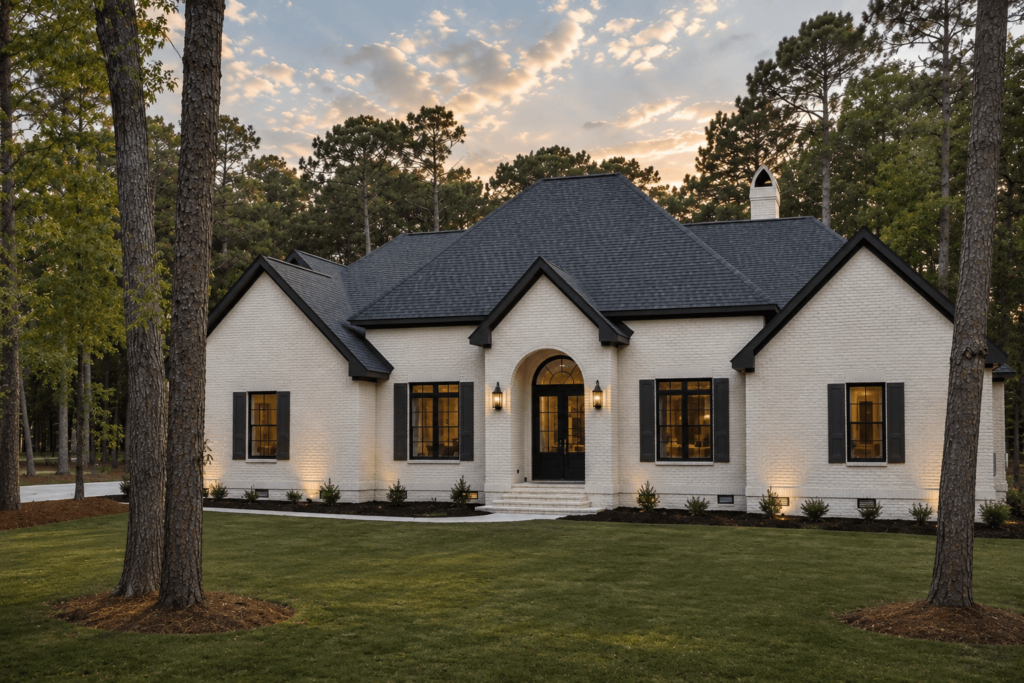 White brick Covewood home with black trim among pine trees.