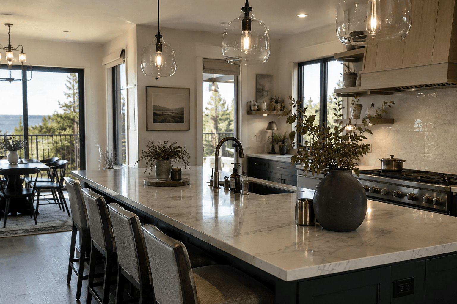 Custom kitchen with marble island, dark cabinetry and glass pendant lights.